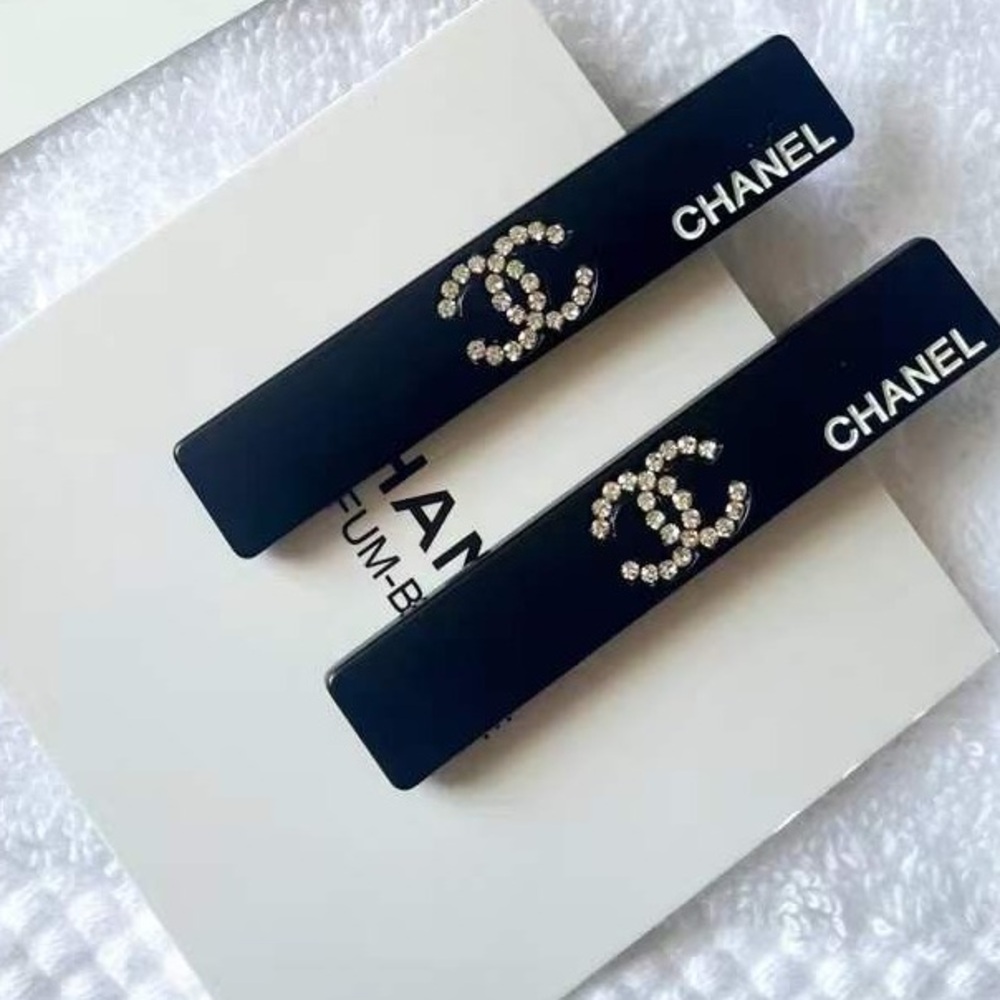 chanel rhinestone hair clip black - 2pcs set